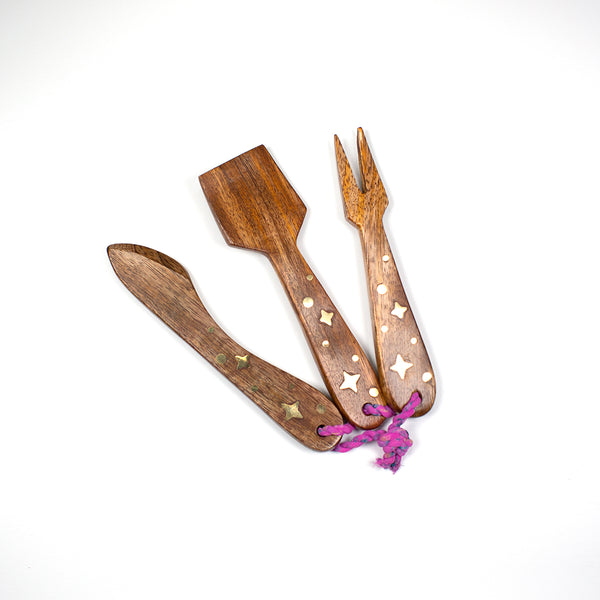 Wood and Brass Cheese Knife Set of Three Botanicalife