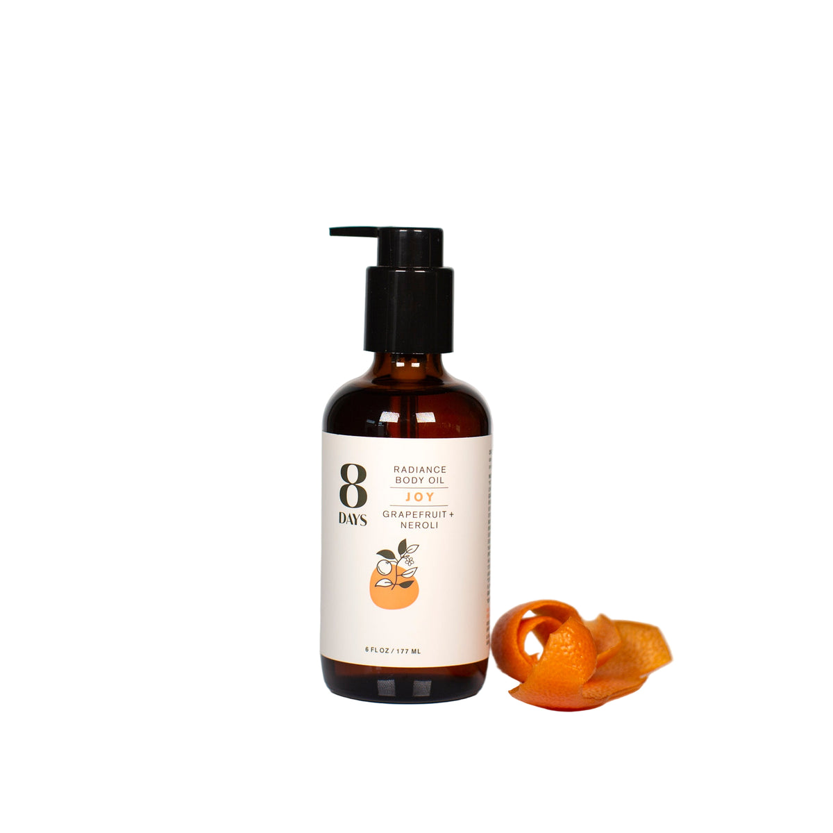 Bottle of 8 Days Radiance Body Oil with a white label on a light gray background