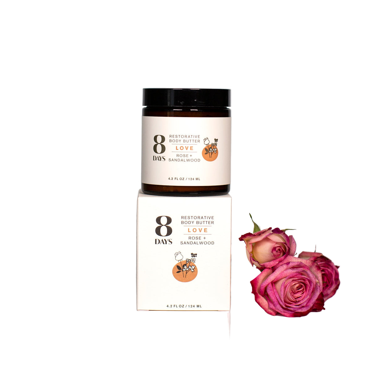 Rose Body butter jar with a decorative label and pink roses on a white background