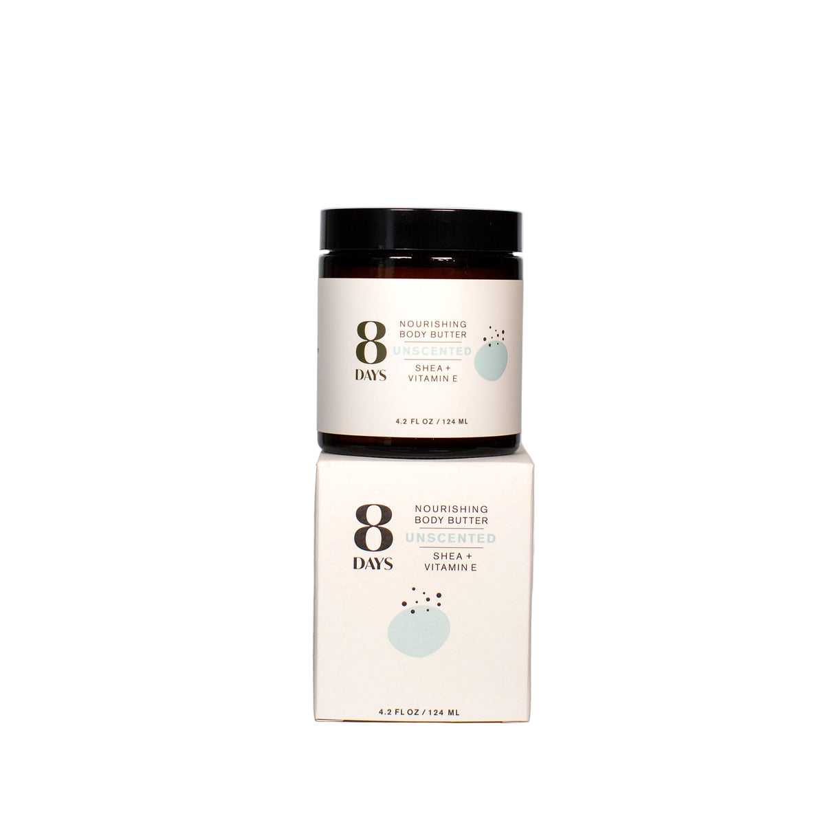 Nourishing body butter jar and packaging with '8 DAVS' branding on a light gray background