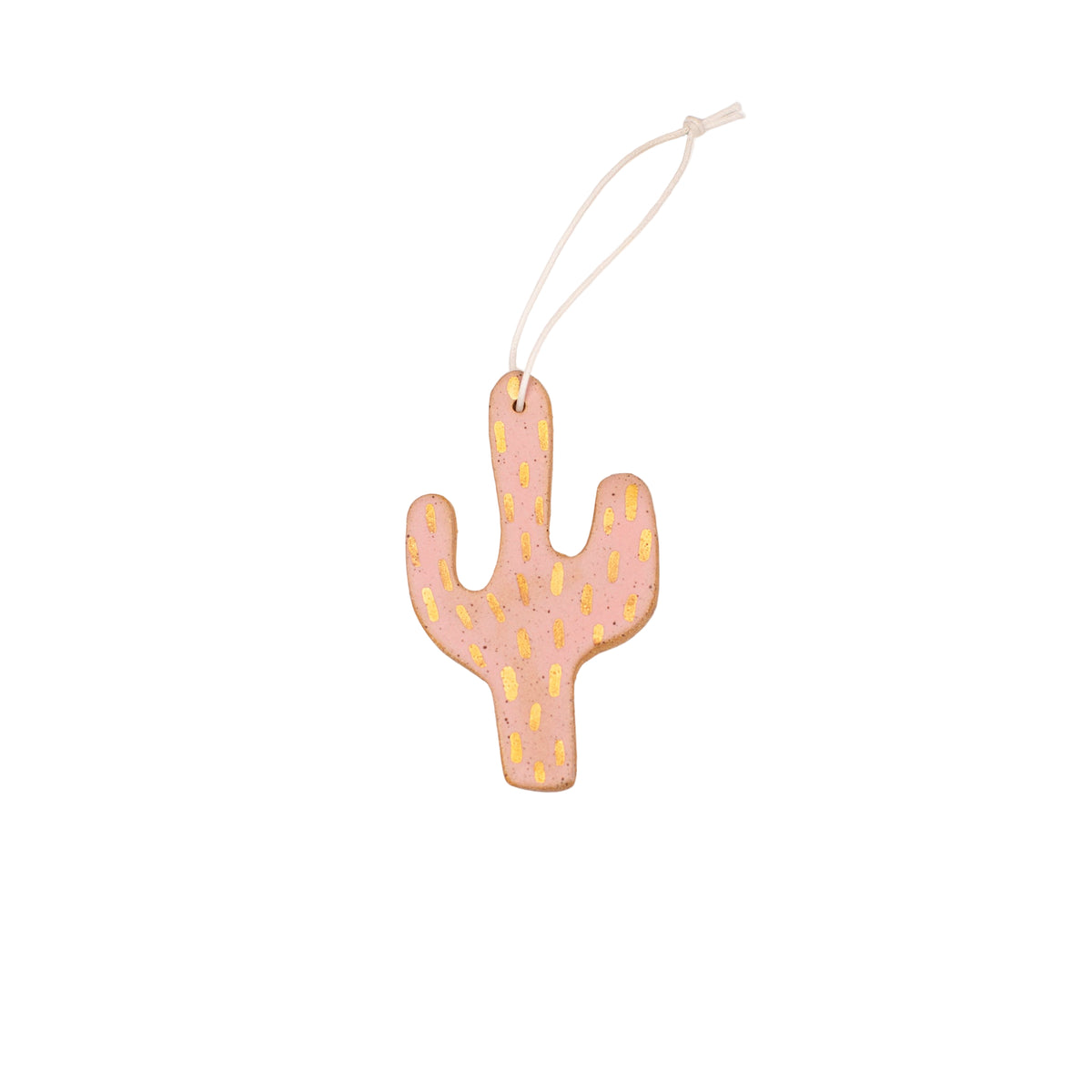 Decorative cactus-shaped ornament with gold accents on a white background