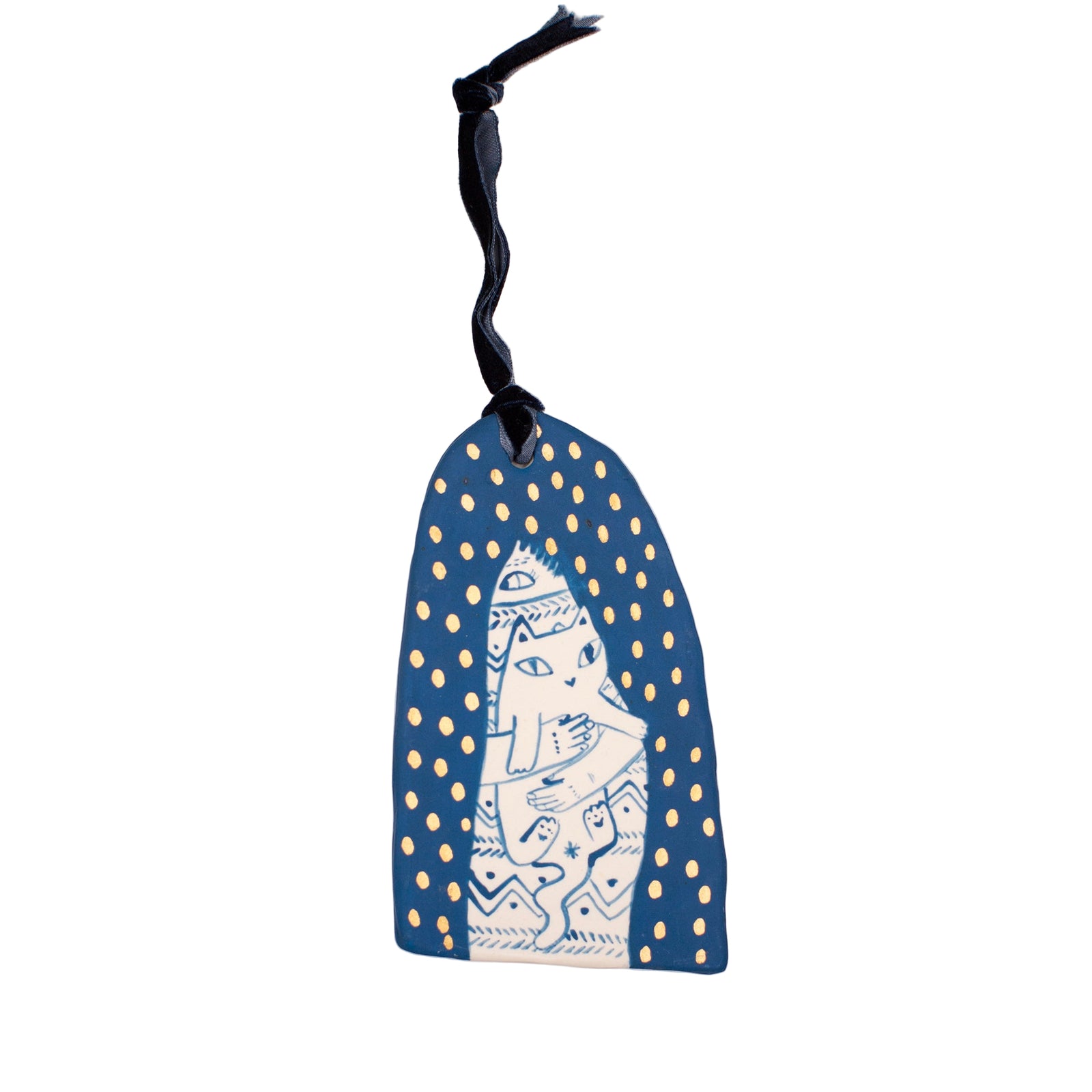 Decorative hanging ceramic art ornament  with blue and white and gold cat motif 
