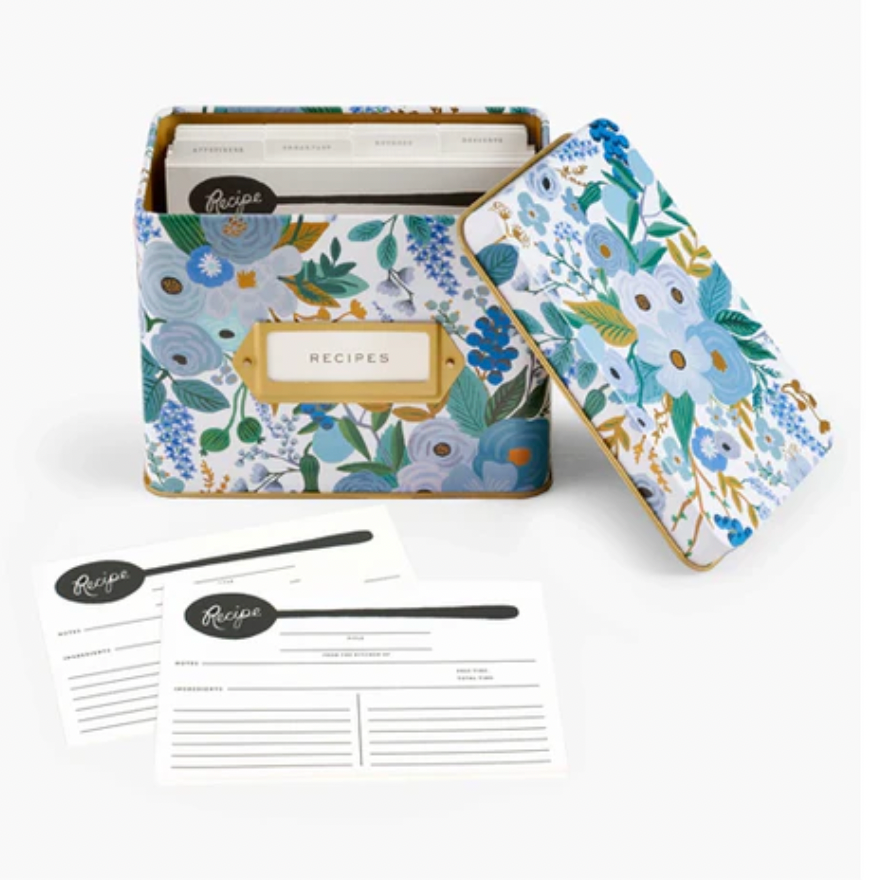 Tin Blue Floral Recipe Box