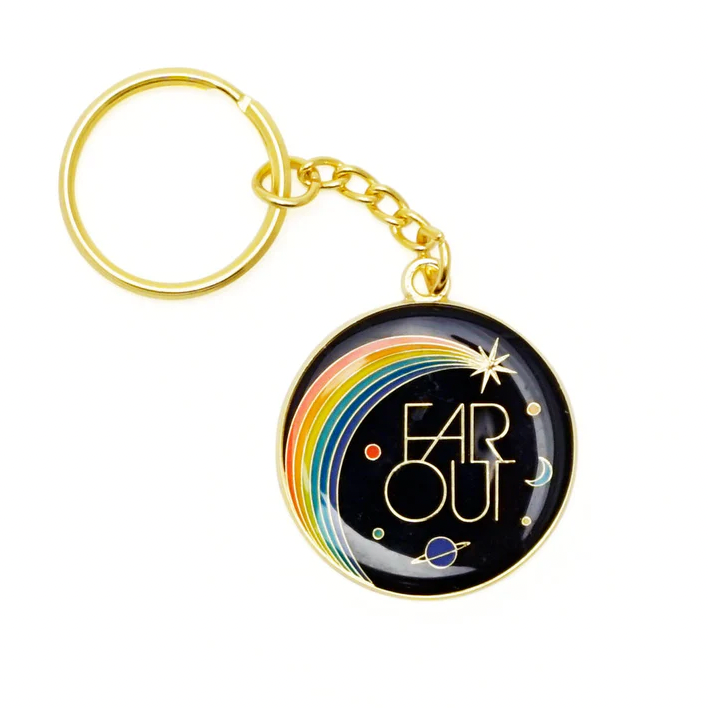 Keychain with 'Far Out' design on a black background