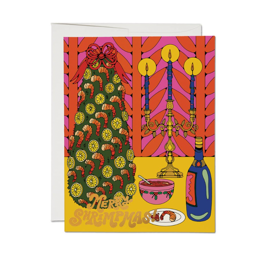 Colorful Christmas card with shrimp, candles, and a bottle of wine on a white background