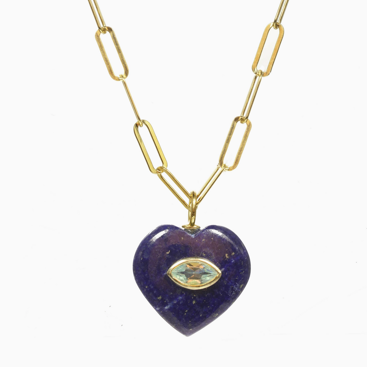 Necklace with a Lapis heart-shaped pendant featuring an eye design on a white background