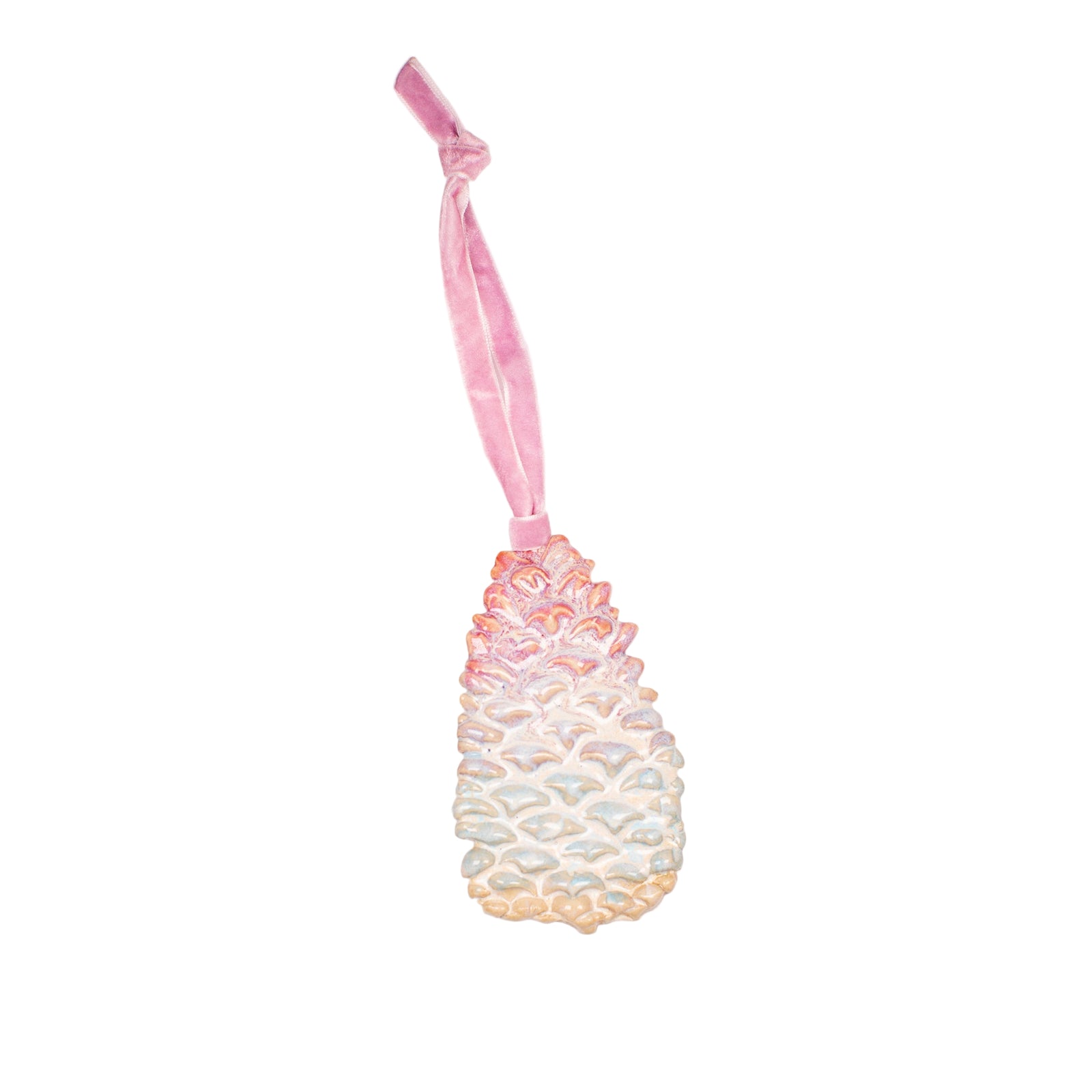 Decorative pine cone ornament with a pink ribbon on a light gray background