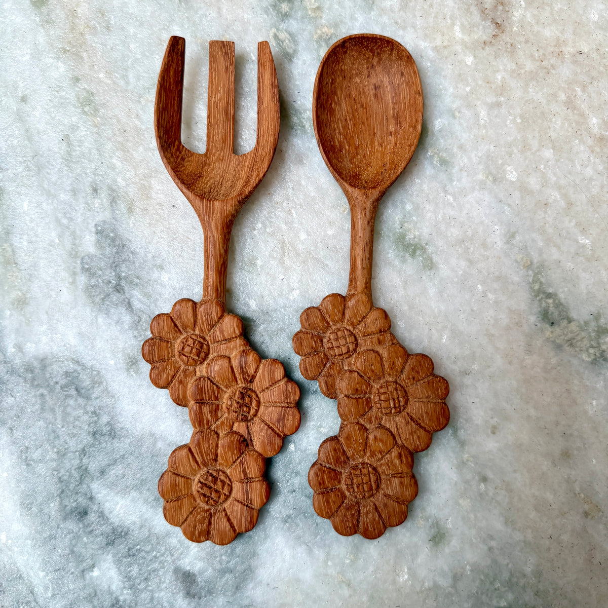Carved Floral Wood Utensils Serving Set