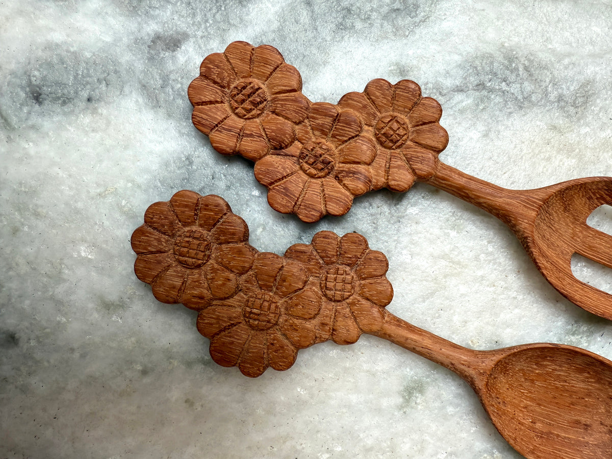 Carved Floral Wood Utensils Serving Set