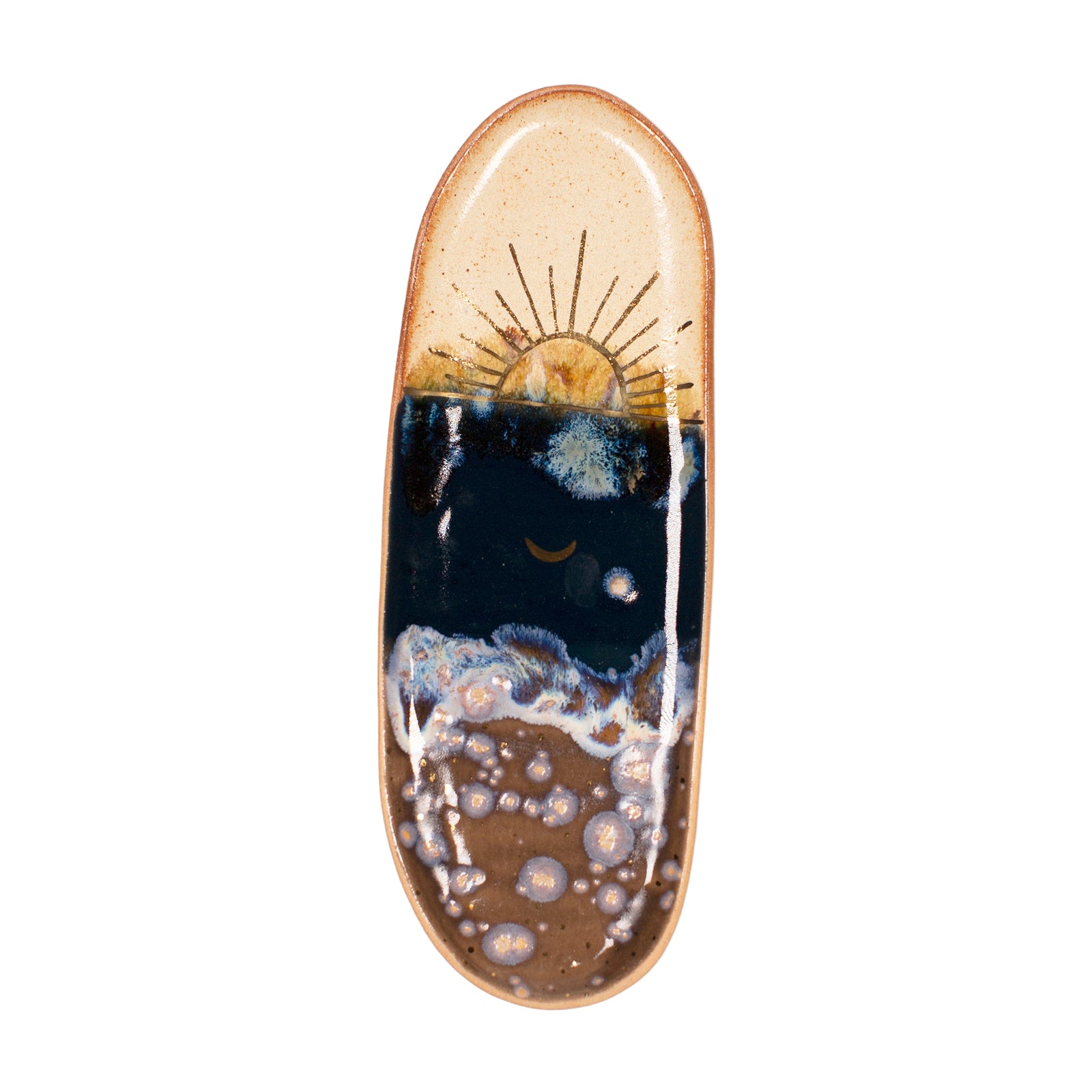 oblong hand painted ceramic dish with gold touches