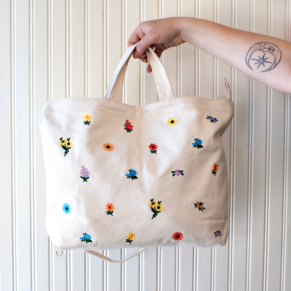 Embroidered Flowers Horizontal Tote