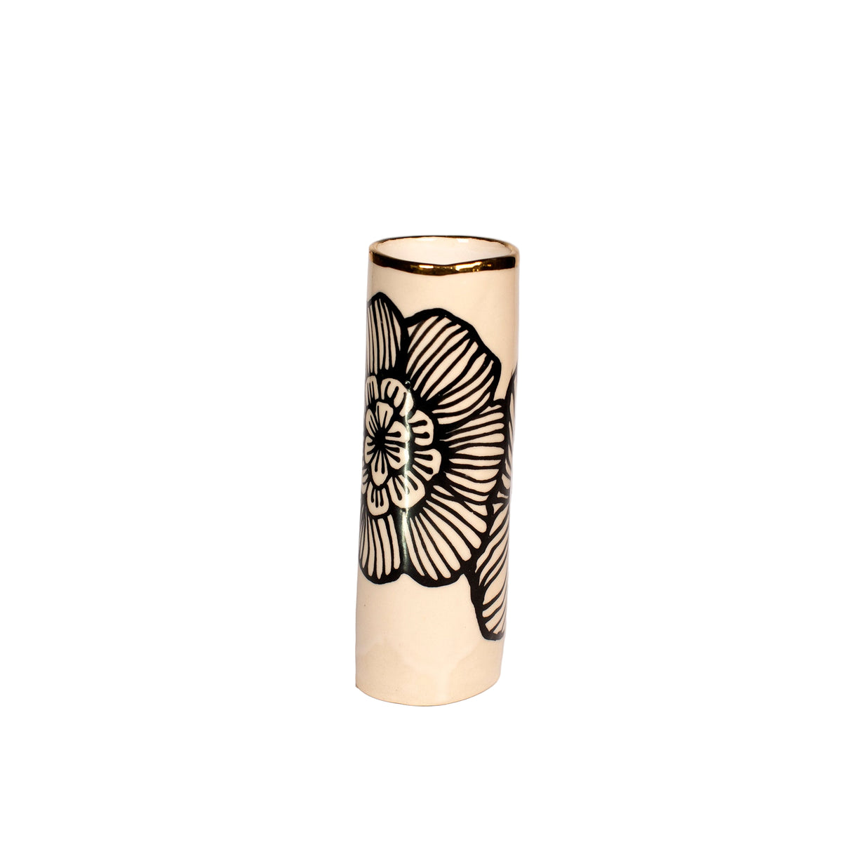 Cylindrical vase with floral design on a white background