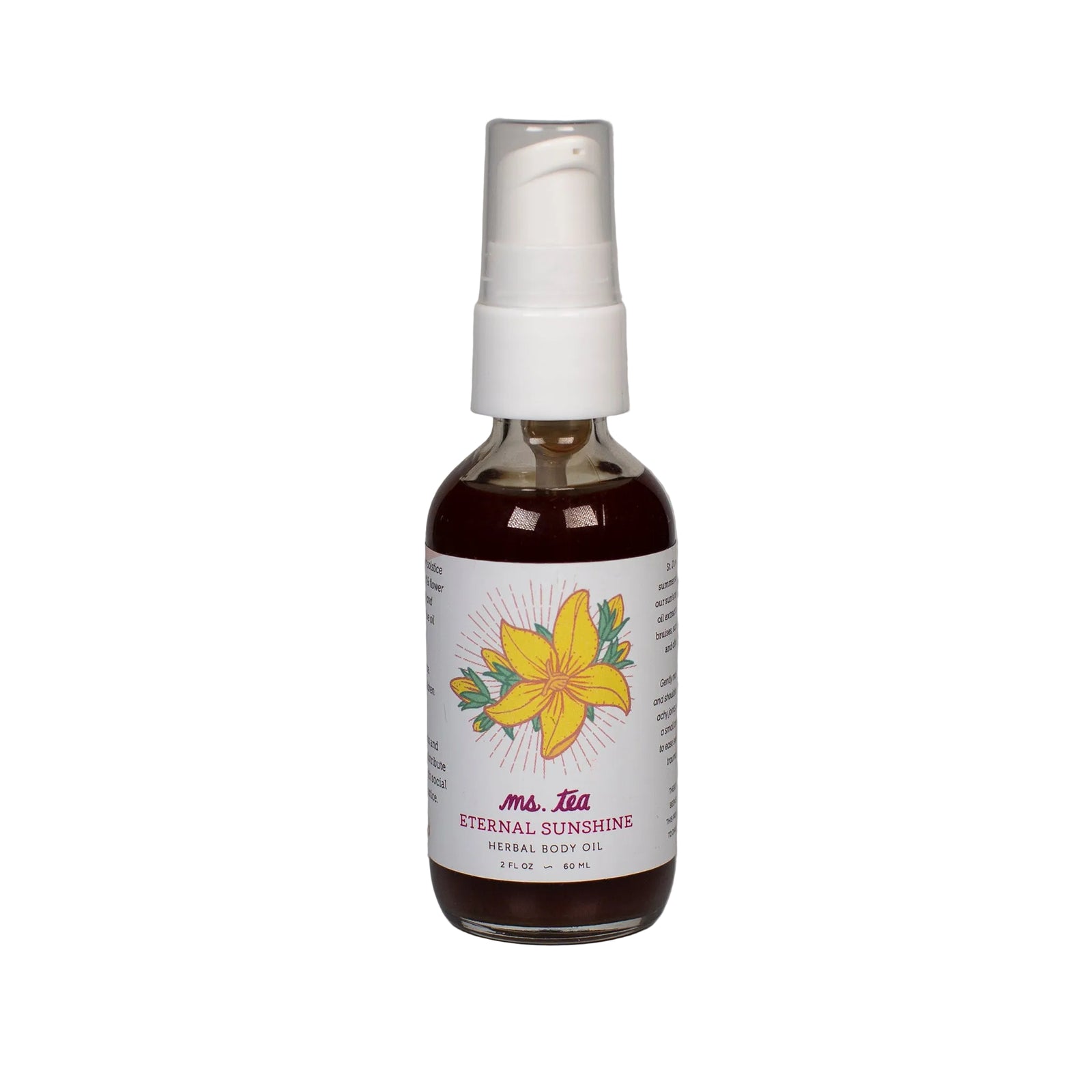 Bottle of 'Eternal Sunshine' herbal body oil with a white spray cap on a gray background