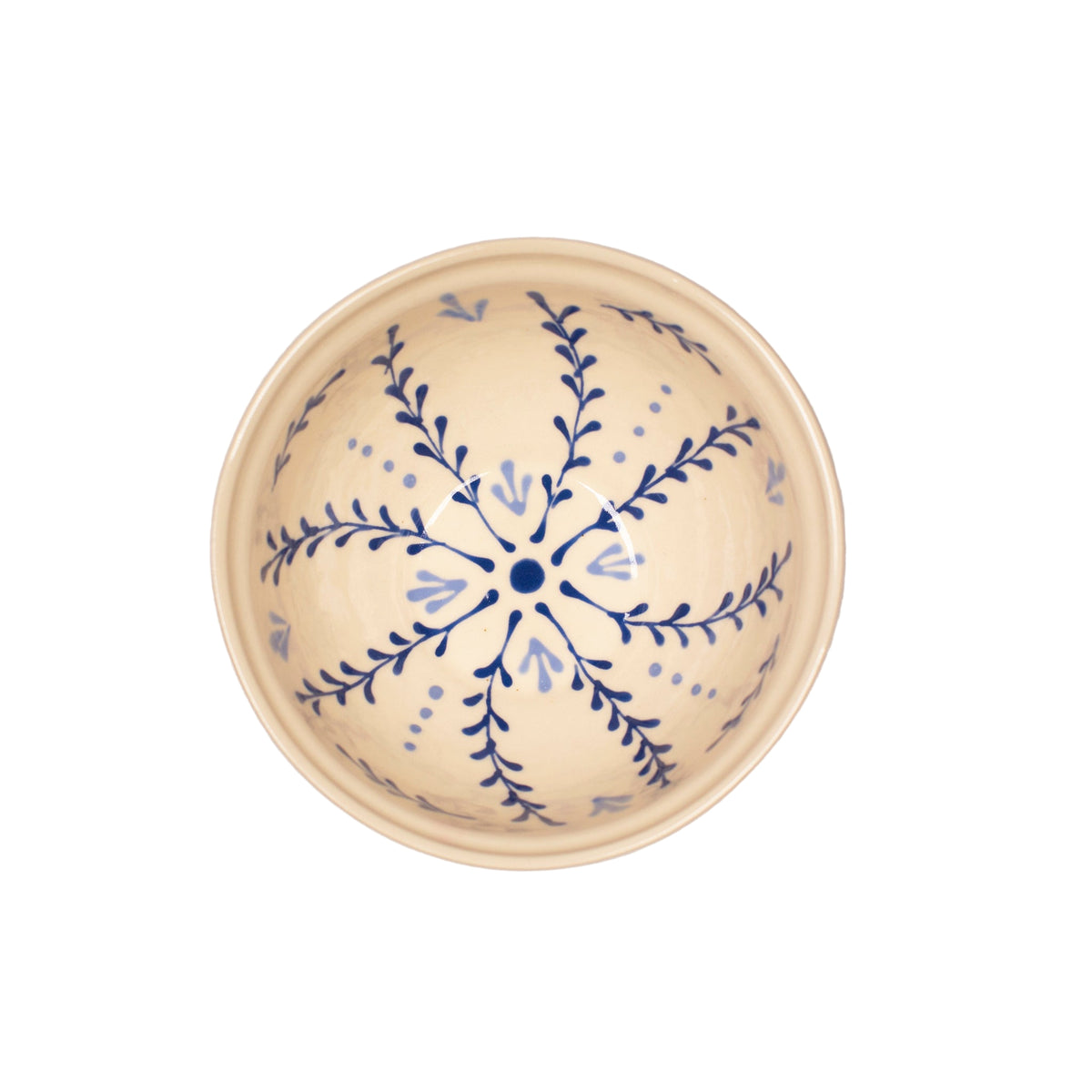 Ceramic bowl with blue floral pattern on a white background