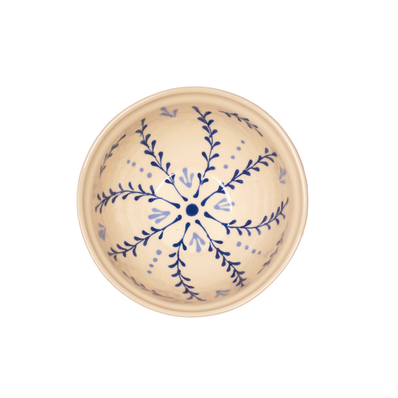 Ceramic bowl with blue floral pattern on a white background