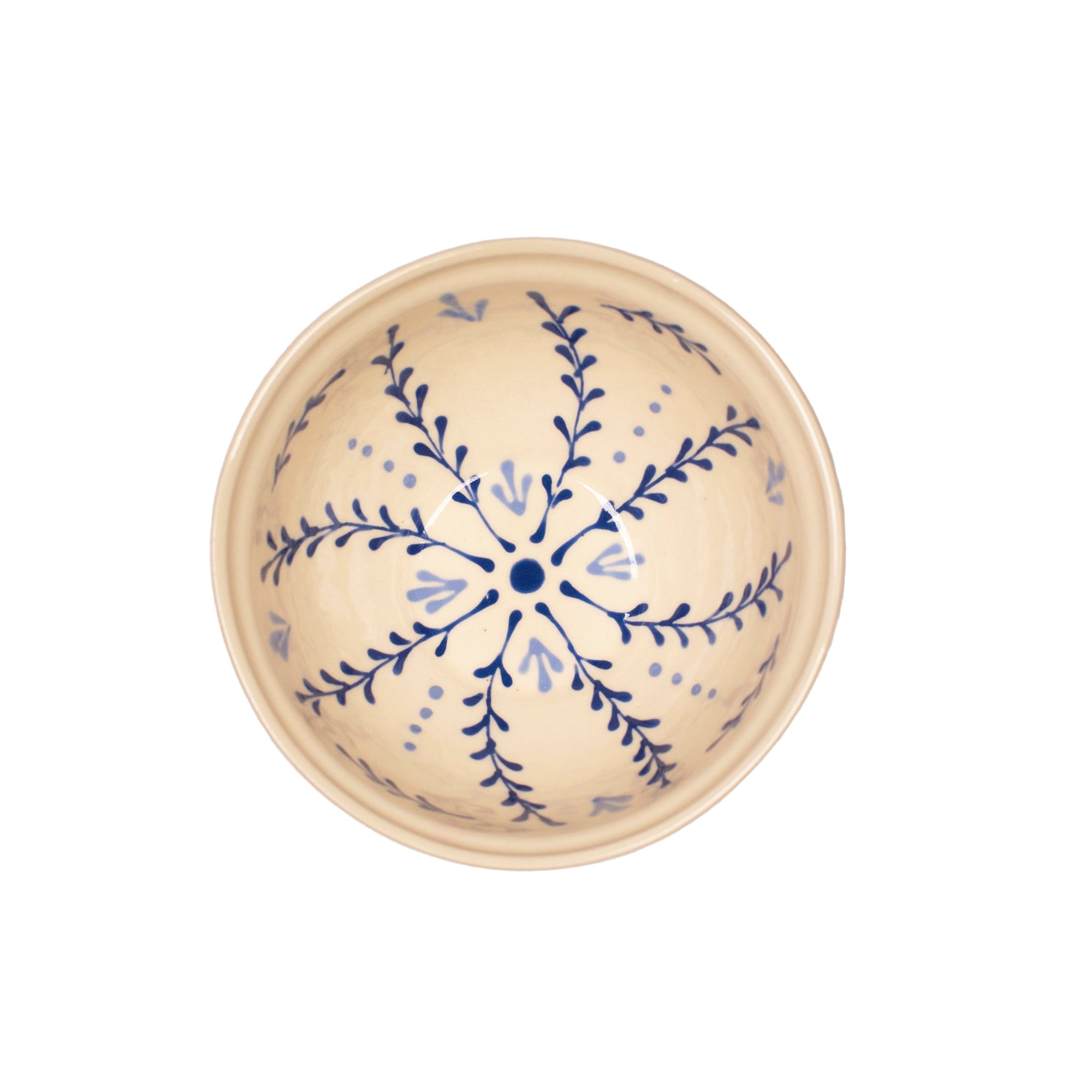 Ceramic bowl with blue floral pattern on a white background