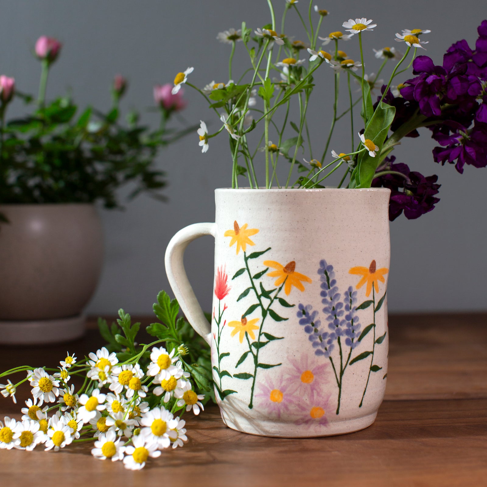 hand painted ceramic wildflower pitcher
