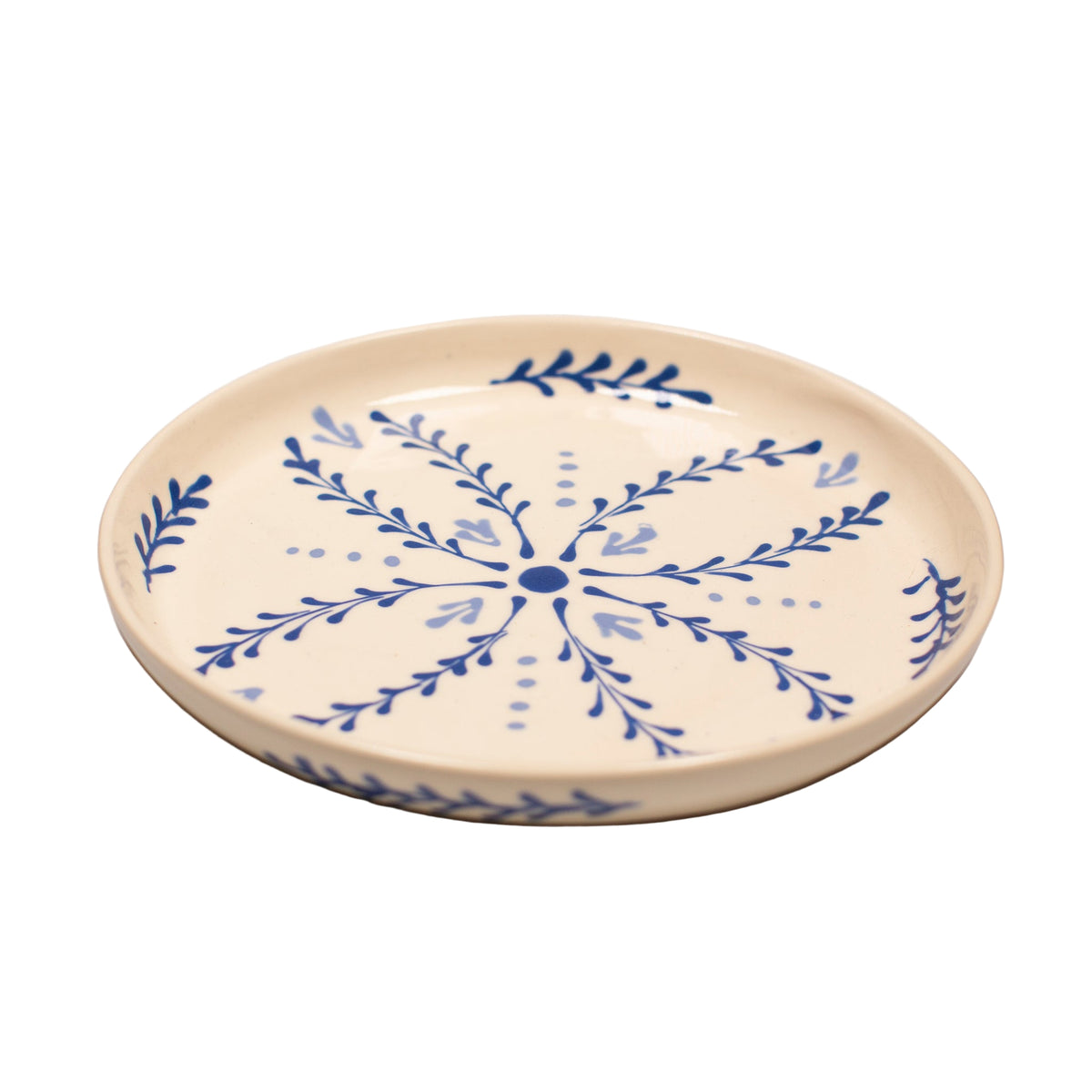 Ceramic plate with blue floral pattern on a white background