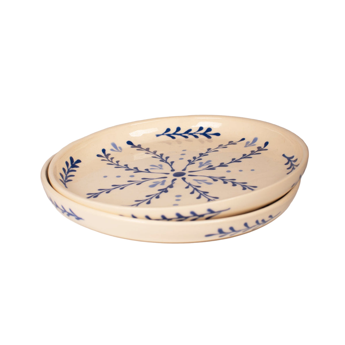 Two ceramic plates with blue floral patterns on a gray background