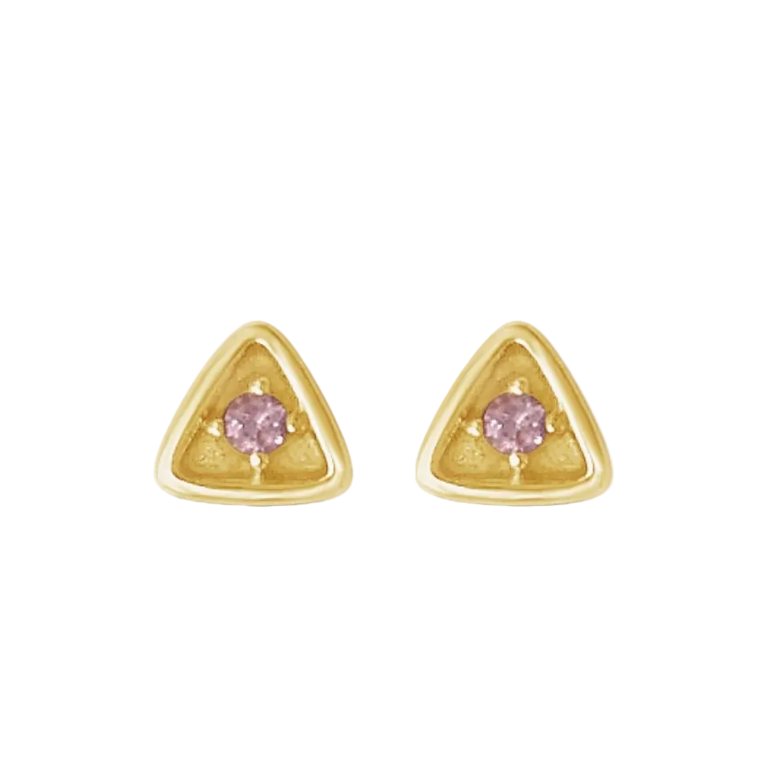 A pair of gold vermeil triangle stud earrings with pink sapphire central stones.