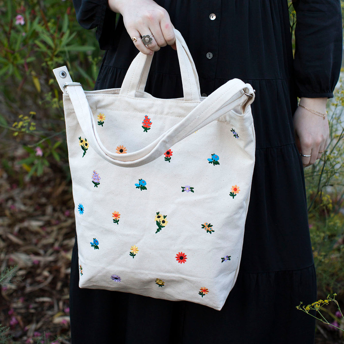 Embroidered Floral Tall Tote Bag